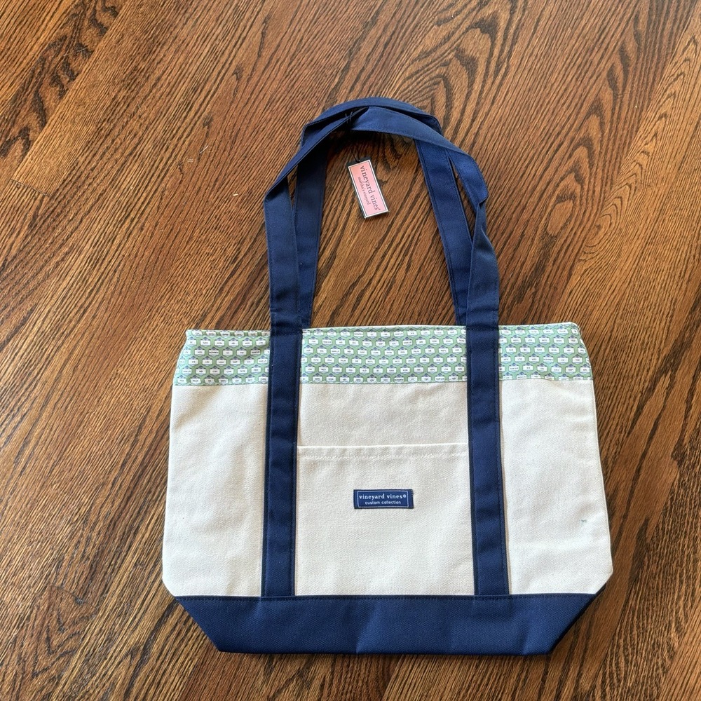 NEW Vineyard Vines Custom Collection Canvas Tote Bag Blue Green Labels NWT